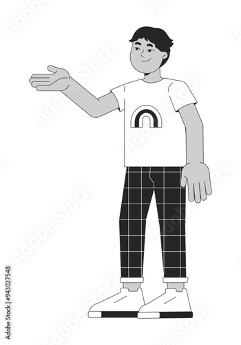 Boy pointing aside black and white 2D line cartoon character. Cute middle eastern little child gesturing isolated vector outline person. Childhood healthy activity monochromatic flat spot illustration