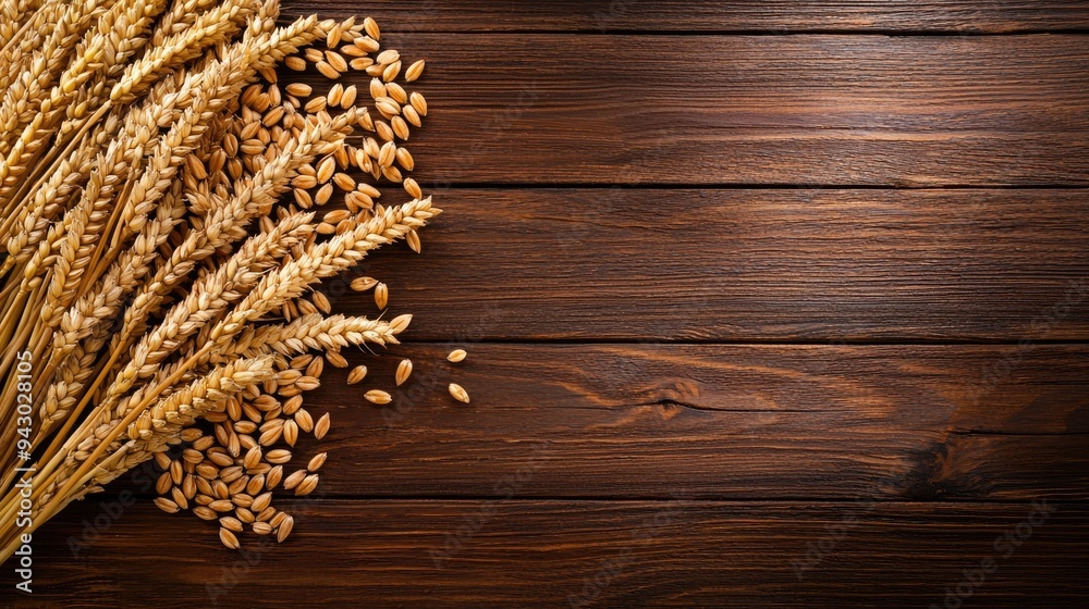 Golden wheat stalks and grains arranged on a rustic wooden surface, showcasing natural textures and agricultural beauty. Golden wheat stalks and grains arranged on a rustic wooden surface, showcasing natural textures and agricultural beauty.