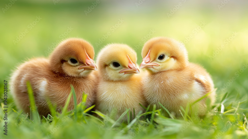 Close-up of cute baby chicks on green grass. --ar 16:9 --v 6.1 Job ID: d7a68510-6394-4979-8498-6af27dfd0a10