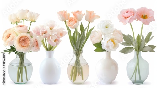 A row of vases with flowers in them, each with a different color. The vases are arranged in a line, with the first vase on the left and the last on the right