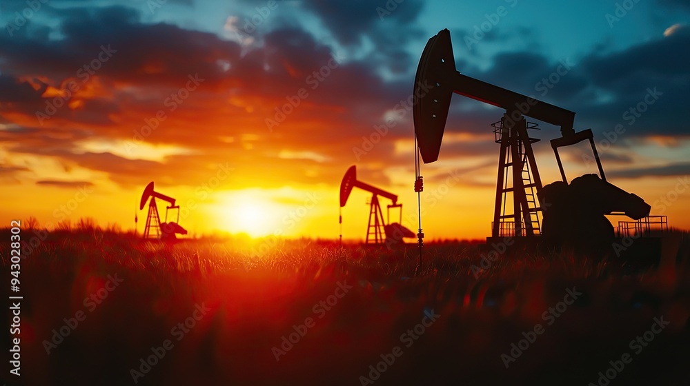 Silhouettes of oil pumps at sunset, showcasing the energy industry and natural beauty in a dramatic sky. Silhouettes of oil pumps at sunset, showcasing the energy industry and natural beauty in a dramatic sky.