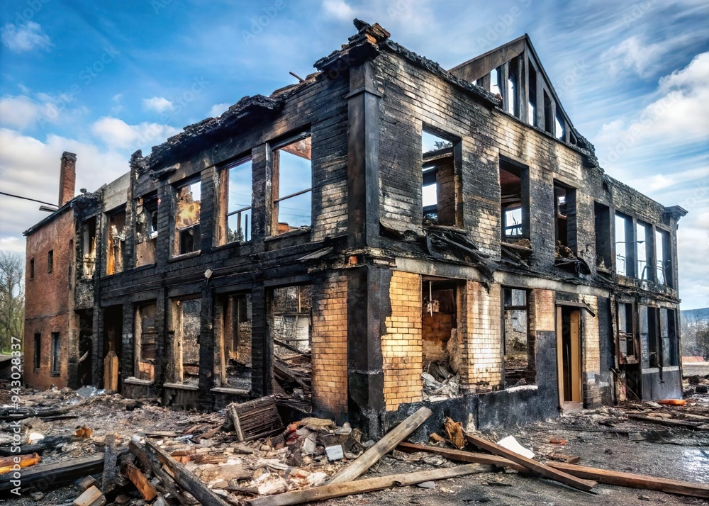 Burnt-down building ruin. Fire aftermath destruction Burnt-down building ruin. Fire aftermath destruction