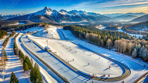 Aerial View of Winter Olympics Ski Slope with Competing Athletes, Snowy Mountains, Bright Daylight, and Crisp Winter Scenery