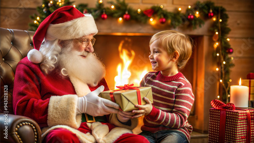 Santa Claus Giving a Gift to a Child on His Lap, Close-Up Interaction with Festive Fireplace Setting and Warm Holiday Lighting