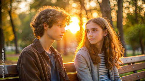 Two Teenagers on a Park Bench at Golden Hour, Subtle Glances and Warm Expressions, Soft Background of Trees and Greenery