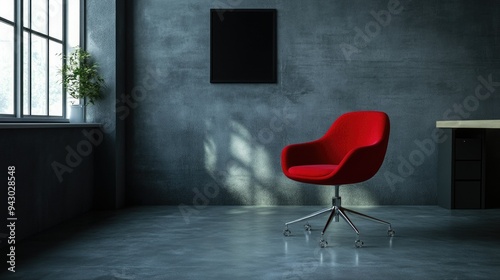 Red chair isolated on grey background. Concept of discrimination, solitude, isolation, contradiction and exclusion in minimalist style. photo