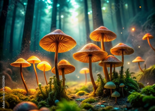 ethereal whimsy macro spotlight enchanting forest floor scenery misty dawn vibrant ochre caps delicate gills intricate textures moody atmosphere fantasy surrealism lush emerald undergrowth