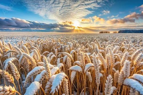 Wheat field crop with snow in cold winter