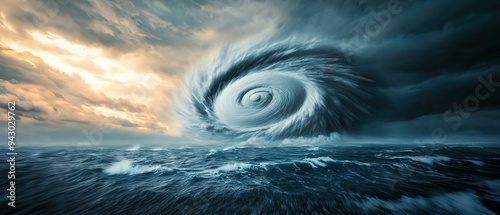 Vast cyclone swirling with intense force over the ocean, the eye sharply defined, towering clouds and churning waves below, dramatic and powerful, high contrast photo