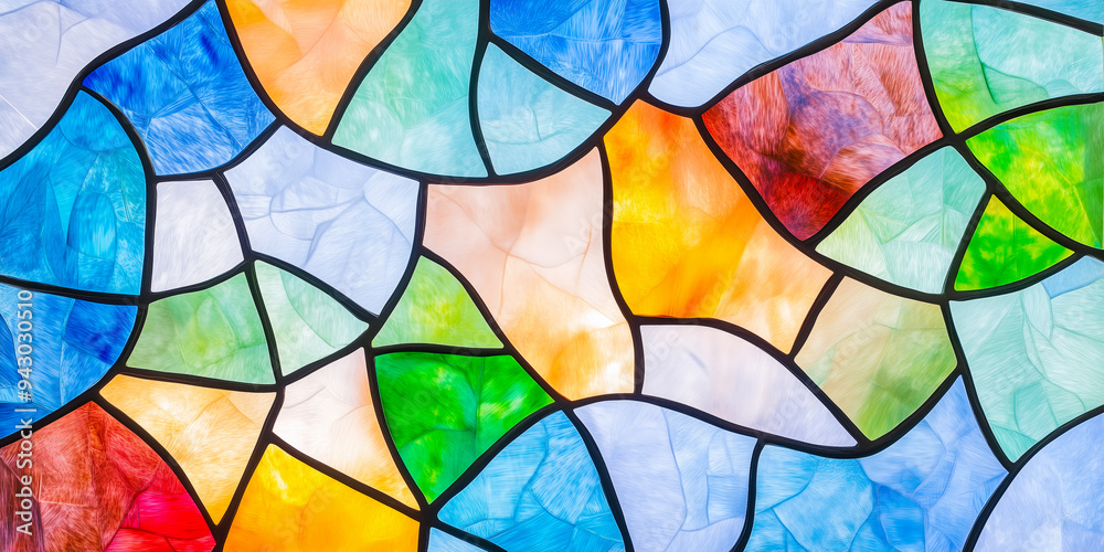 Fototapeta premium Vibrant stained glass window with an abstract pattern of multicolored geometric shapes, mosaic effect