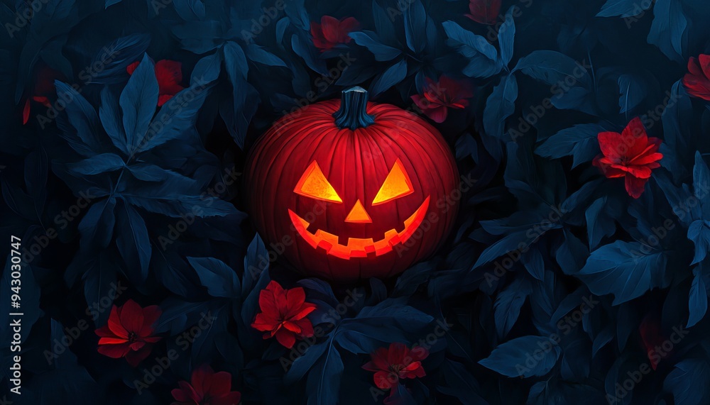 A glowing jack-o'-lantern with a sinister face surrounded by dark leaves and red flowers at night, festive Halloween atmosphere.