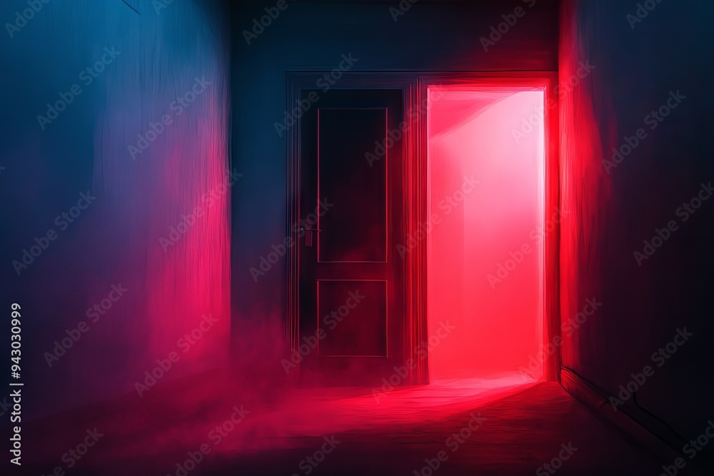 A mysterious door with glowing red light in a dark hallway, creating an eerie and suspenseful atmosphere. A mysterious door with glowing red light in a dark hallway, creating an eerie and suspenseful atmosphere.