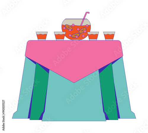 Prom party table punch bowl ladle cups 2D cartoon object. Beverage refreshment. Delicious citrus fruit drink tablecloth isolated element flat vector clipart on white background. Spot illustration