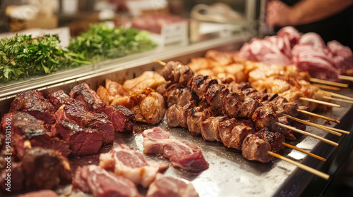  The 3D render showcases a well-organized butcher shop displaying a variety of meats ready to cook. The scene includes fresh chicken cuts, such as whole chickens and breasts, arranged neatly 