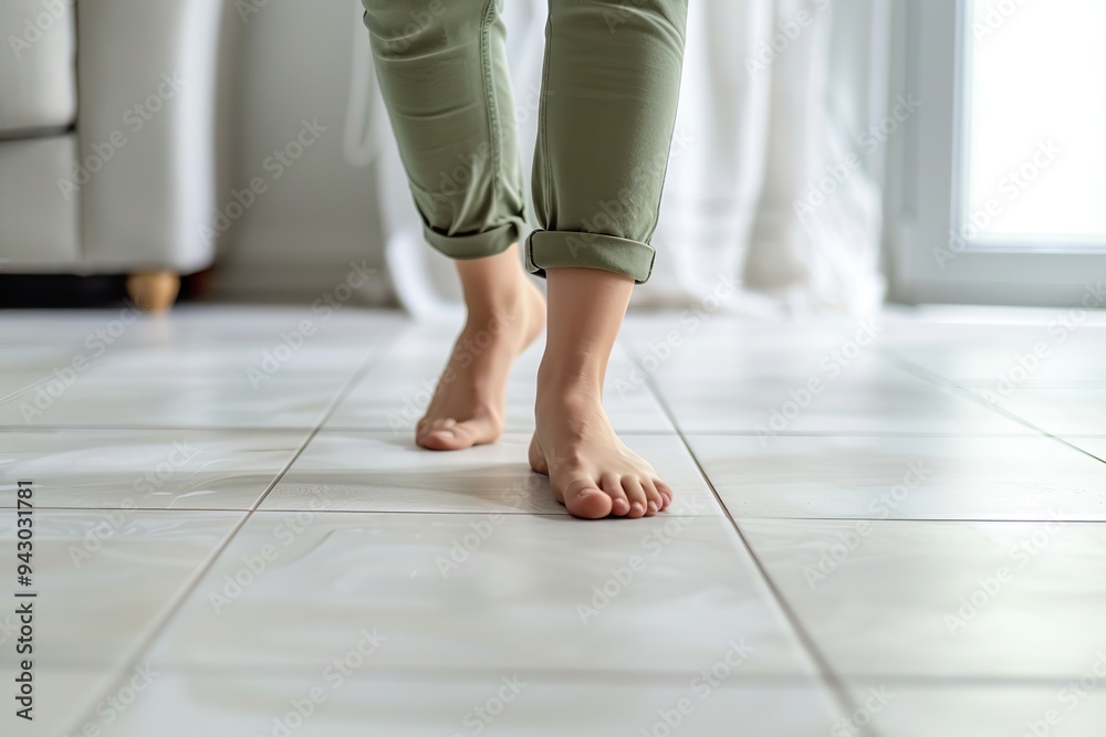 Close up focus on young female feet walking barefoot on clean tile floor at home. Young woman standing on warm floor indoors, underfloor heating concept. Woman's legs in bathroom. Floor heating Close up focus on young female feet walking barefoot on clean tile floor at home. Young woman standing on warm floor indoors, underfloor heating concept. Woman's legs in bathroom. Floor heating