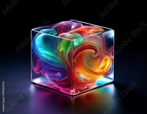 abstract color swirls contained glass cube high resolution high details vibrant