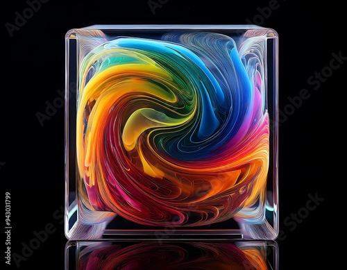 abstract color swirls contained glass cube high resolution high details vibrant