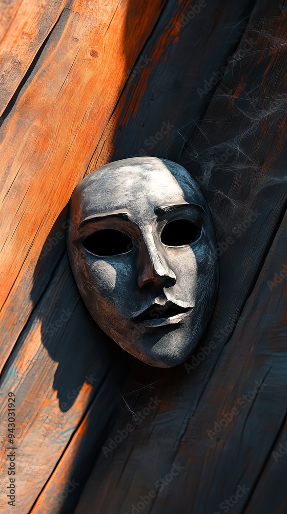 Artistic mask with shadows, placed on a textured wooden background, creating a mysterious and dramatic atmosphere. Artistic mask with shadows, placed on a textured wooden background, creating a mysterious and dramatic atmosphere.