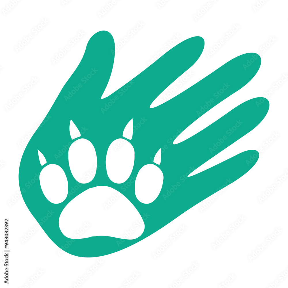 This is a flat simple logo in aqua color that depicts a human hand and a canine paw for veterinary or pet related purposes This is a flat simple logo in aqua color that depicts a human hand and a canine paw for veterinary or pet related purposes