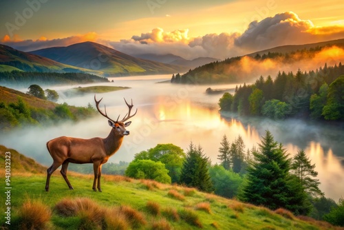 Golden Hour Soft Warm Light Lush Emerald Hills Rolling Foggy Valleys Sparkling Loch Reflections Majestic Red Deer Majestic Antlers Foggy Mysterious Landscape