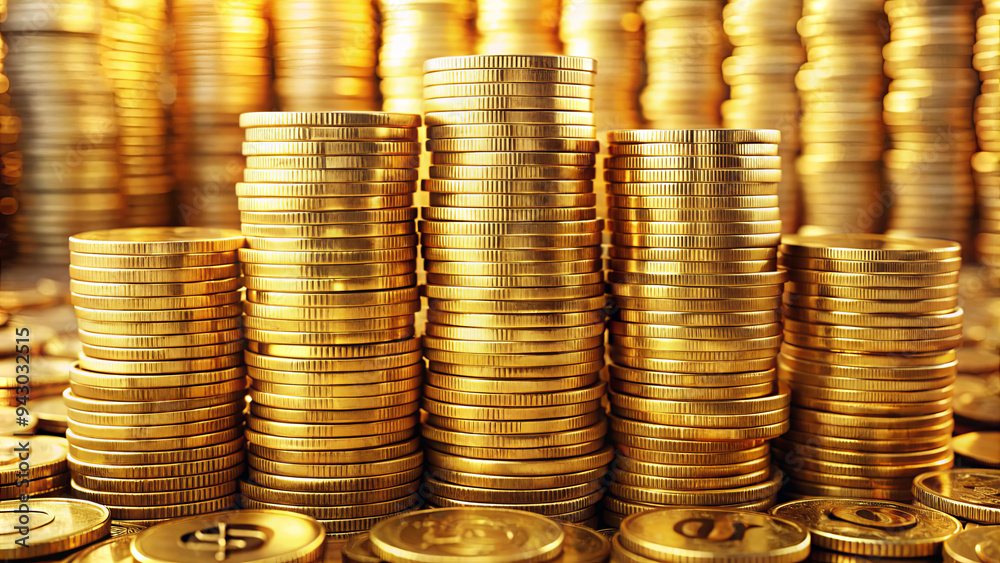 Piles of shiny gold coins glimmer in warm light, symbolizing prosperity and abundance. The arrangement highlights the value and wealth associated with currency Piles of shiny gold coins glimmer in warm light, symbolizing prosperity and abundance. The arrangement highlights the value and wealth associated with currency