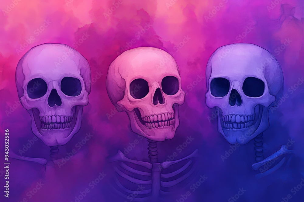 Colorful artistic illustration of three skulls against a vibrant gradient background with purple, pink, and blue hues. Colorful artistic illustration of three skulls against a vibrant gradient background with purple, pink, and blue hues.