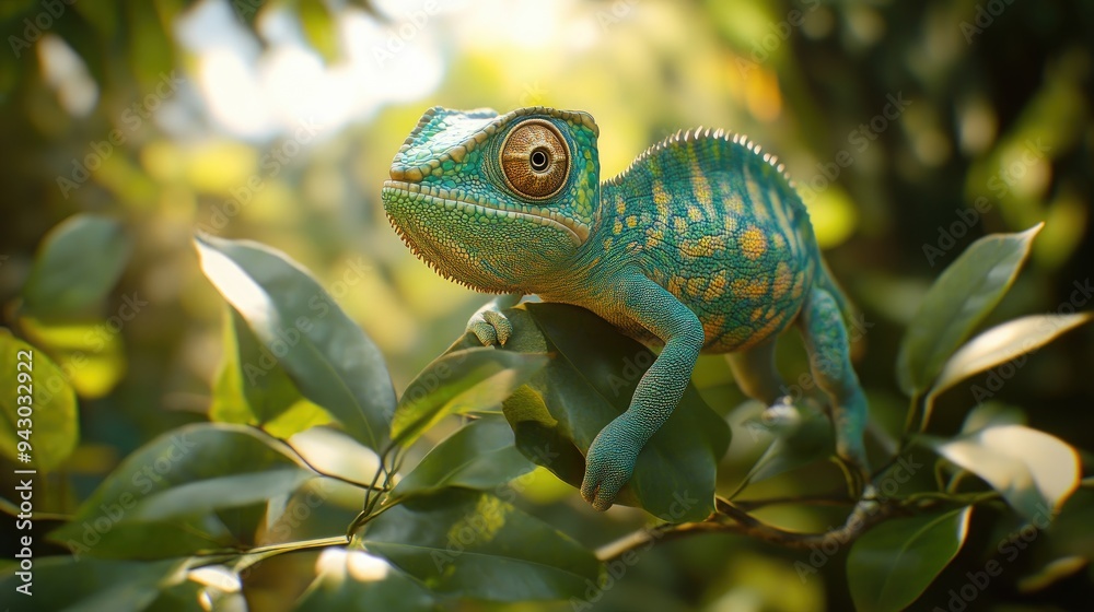 A green chameleon with bright yellow eyes is perched on a branch in a lush green forest. A green chameleon with bright yellow eyes is perched on a branch in a lush green forest.