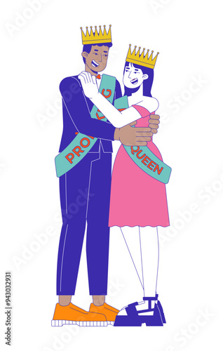 Prom queen king high school dance 2D cartoon characters. Crowns on heads. Interracial couple prom highschool adolescents isolated people flat vector on white background. Spot illustration colorful
