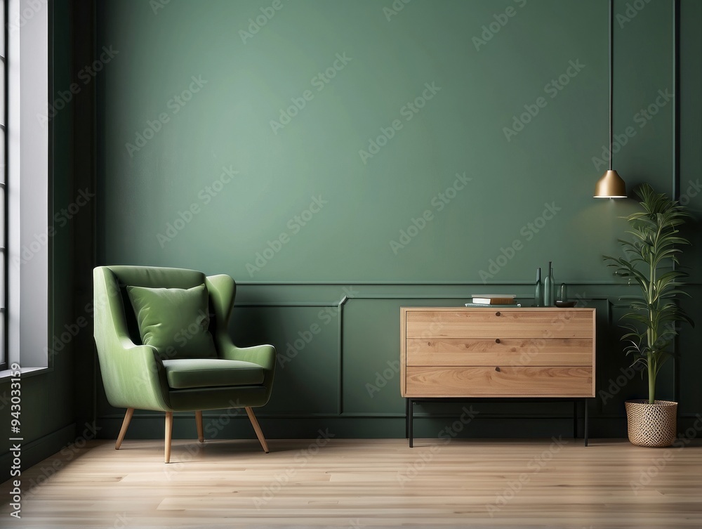 Green Room with a Green Velvet Armchair, a Wooden Chest of Drawers, and a Potted Plant