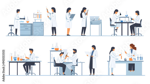 Scientists in laboratory wearing lab coats flat style illustration set isolated on a white background