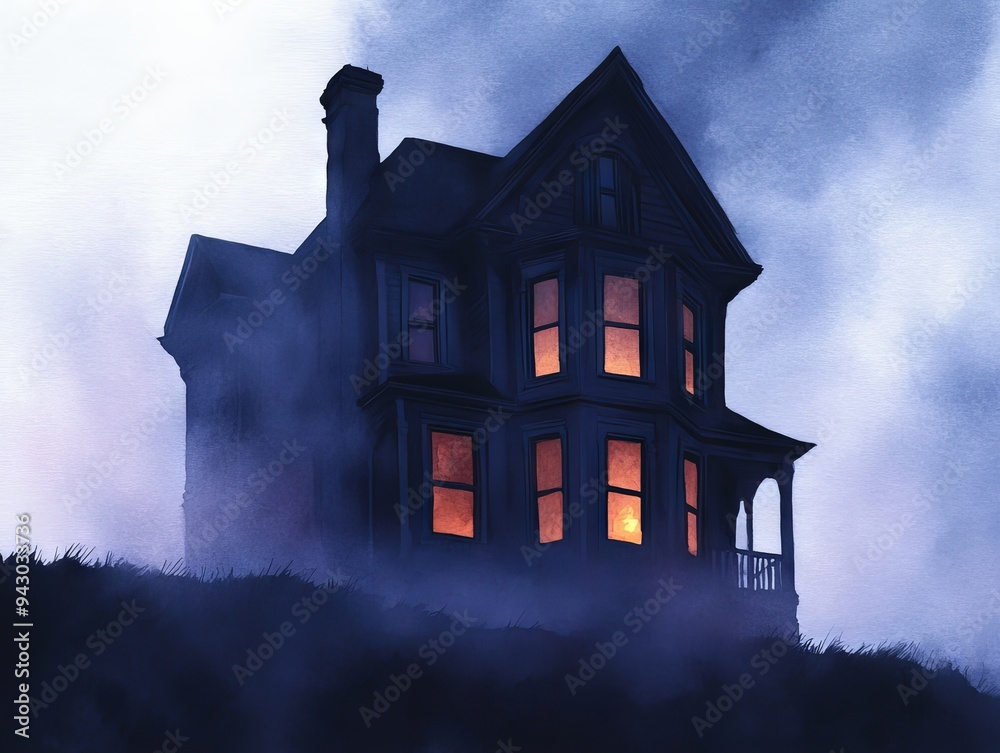 Eerie haunted house with glowing windows in a misty night setting, perfect for Halloween themes and spooky atmosphere in stock imagery. Eerie haunted house with glowing windows in a misty night setting, perfect for Halloween themes and spooky atmosphere in stock imagery.