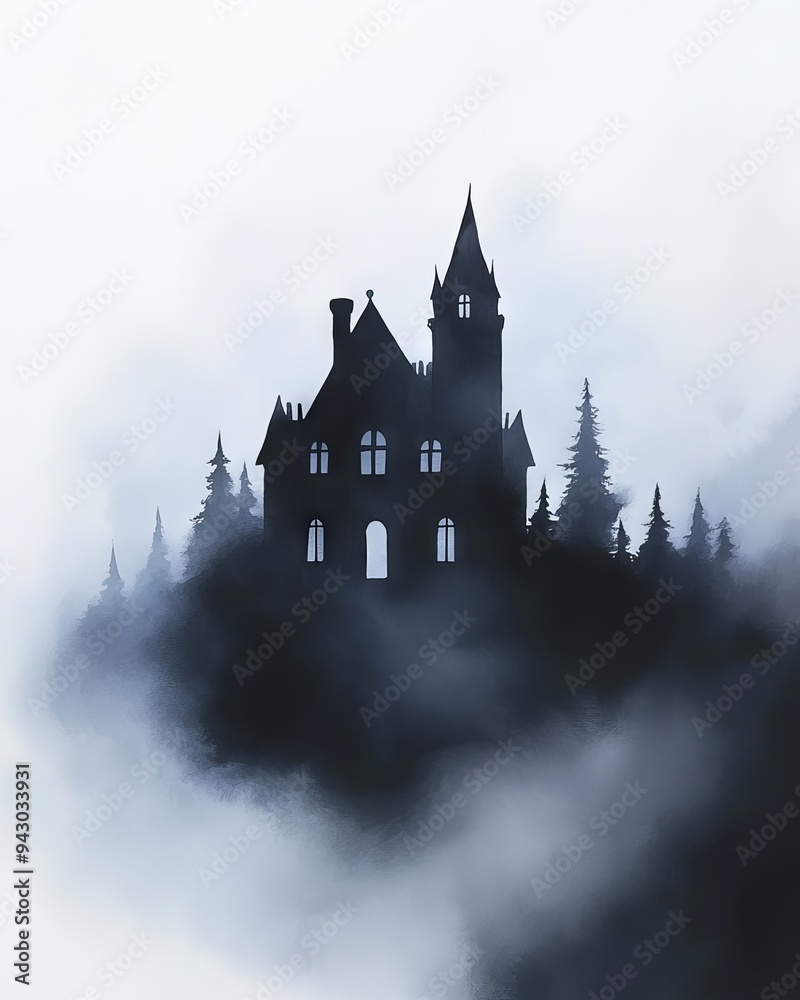 Eerie silhouette of a spooky castle surrounded by dense mist and dark forest, creating a haunting and mysterious atmosphere Eerie silhouette of a spooky castle surrounded by dense mist and dark forest, creating a haunting and mysterious atmosphere
