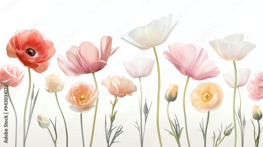 Fototapeta premium A row of flowers with a white background