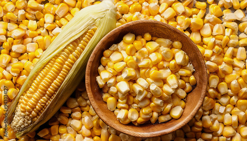 corn in wooden bowl isolated on white background