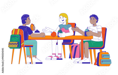 Diverse kids eating lunch together 2D cartoon characters. Pre-teen girl boys lunchtime lunchbreak schoolkids canteen table isolated people flat vector on white background. Spot illustration colorful