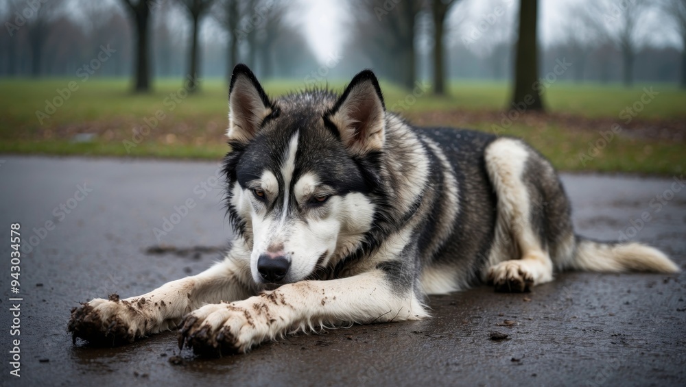 A High-Resolution Photograph of a Sad Stray Husky with Muddy Paws A High-Resolution Photograph of a Sad Stray Husky with Muddy Paws