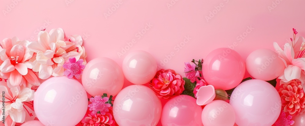 Pink Balloons and Flowers on a Pink Background Pink Balloons and Flowers on a Pink Background