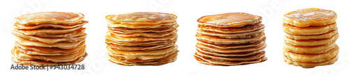 Stack of fluffy golden pancakes breakfast food isolated on white transparent background