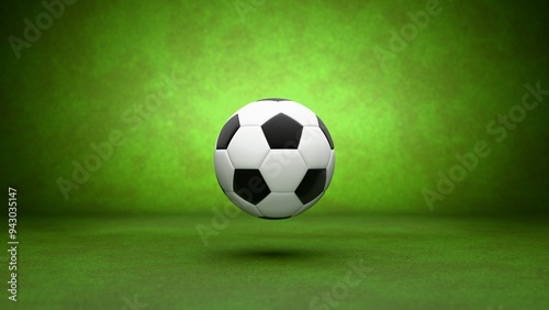 This vivid 3D rendering showcases a soccer ball floating against a vibrant green background, ideal for themes related to sports and energetic activities like football and athletics photo