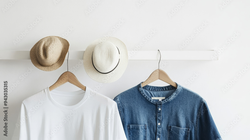 The photo showcases a white and denim t-shirt neatly hanging on individual hangers against a clean white background The photo showcases a white and denim t-shirt neatly hanging on individual hangers against a clean white background