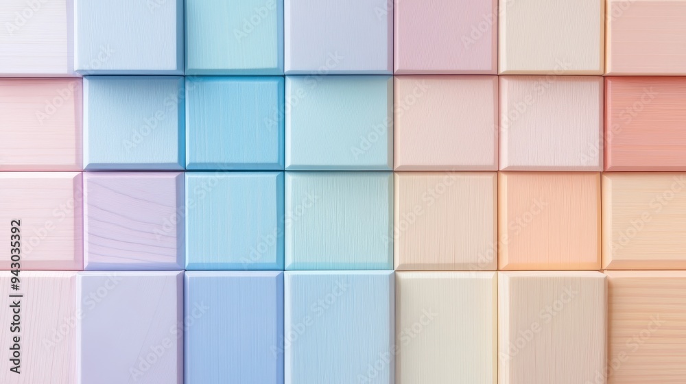 A colorful wooden block pattern with a blue square in the middle. The blocks are arranged in a grid pattern A colorful wooden block pattern with a blue square in the middle. The blocks are arranged in a grid pattern
