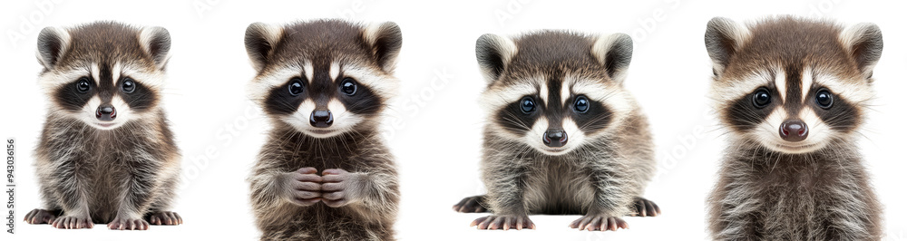 Obraz premium Cute baby raccoons with big eyes sitting in various poses adorable animal wildlife transparent background