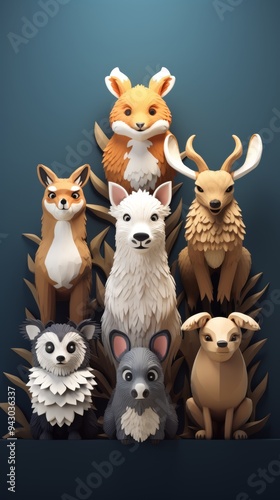 Enchanting 3D Woodland Creatures: Whimsical Watercolor Illustrations for Children's Storybooks. Bear, Raccoon, Fox, Hare, Squirrel, Hedgehog, and Deer in Playful Poses. Perfect for Book Covers, Market photo