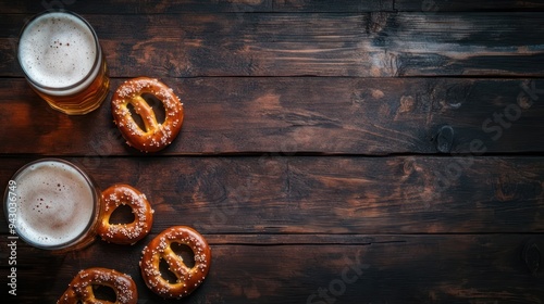 Pretzels and Beer on Wooden Background