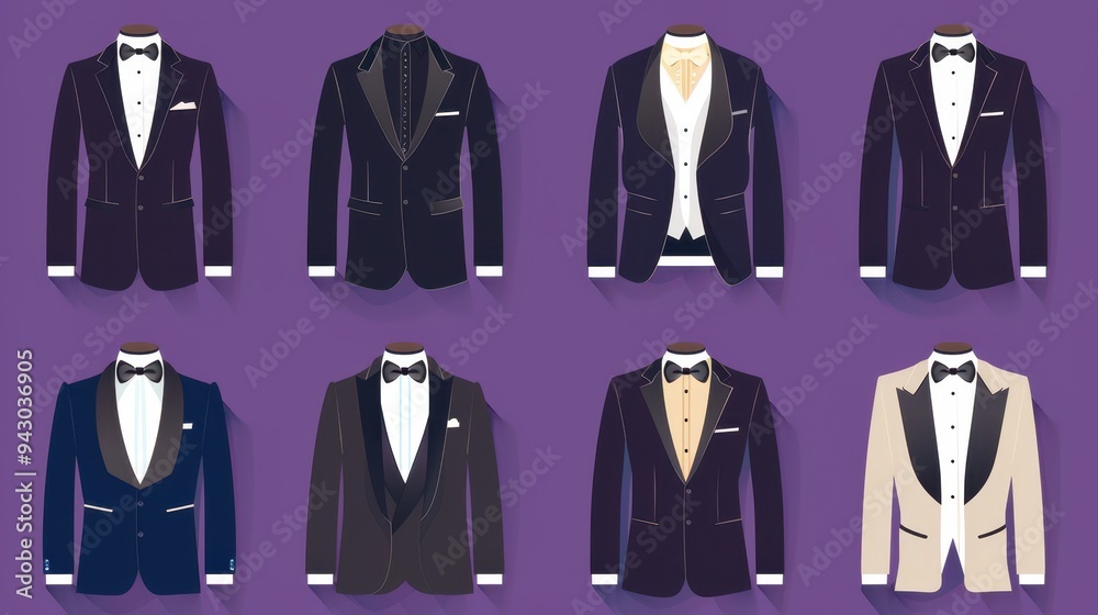 A refined set of men's tuxedo jackets in vector format, featuring formal wear designs isolated on a deep purple background. A refined set of men's tuxedo jackets in vector format, featuring formal wear designs isolated on a deep purple background.