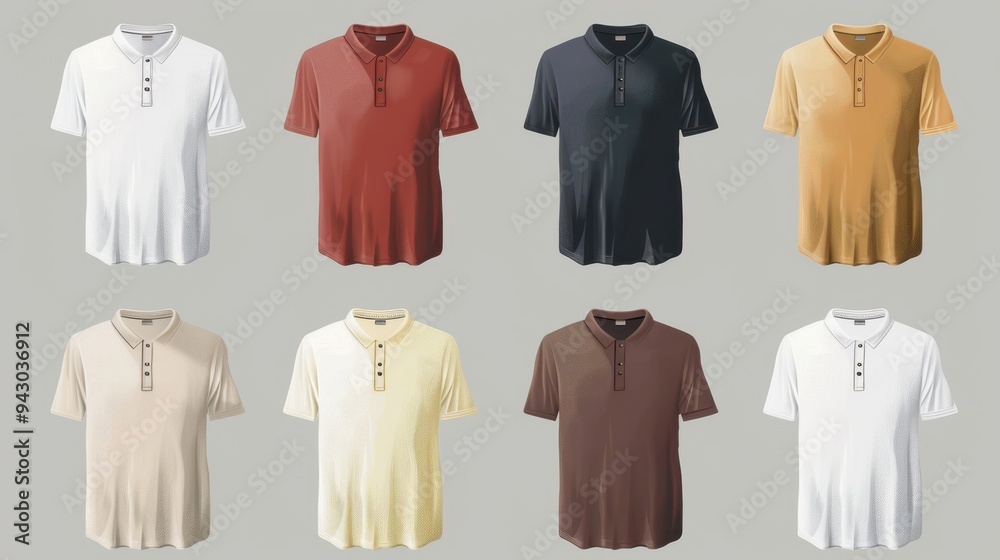 A casual array of men's henley shirts presented in vector format, offering a variety of textures isolated on a grey background. A casual array of men's henley shirts presented in vector format, offering a variety of textures isolated on a grey background.