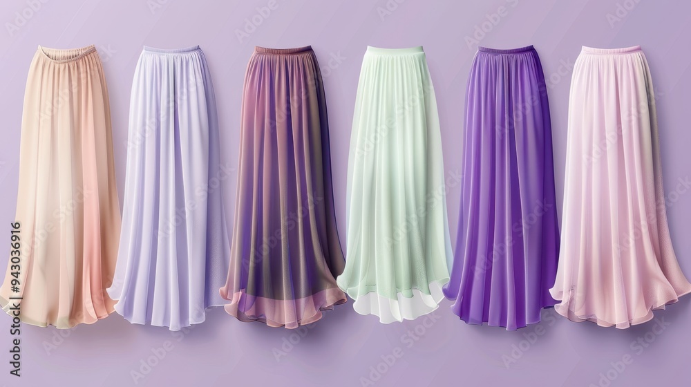 A chic array of women's chiffon skirts in vector format, showcasing airy and graceful designs isolated on a pastel violet background. A chic array of women's chiffon skirts in vector format, showcasing airy and graceful designs isolated on a pastel violet background.