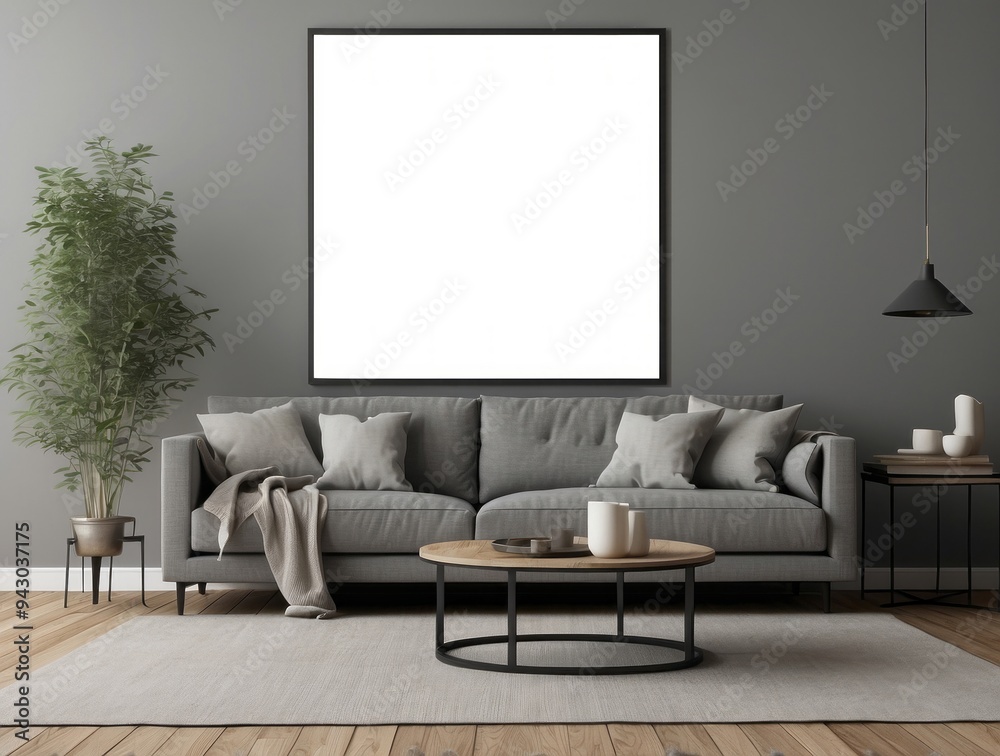 Modern Living Room with Grey Sofa and Wooden Coffee Table Modern Living Room with Grey Sofa and Wooden Coffee Table