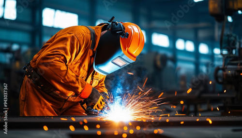 A dynamic shot of an industrial worker in protective gear operating welding equipment in a factory