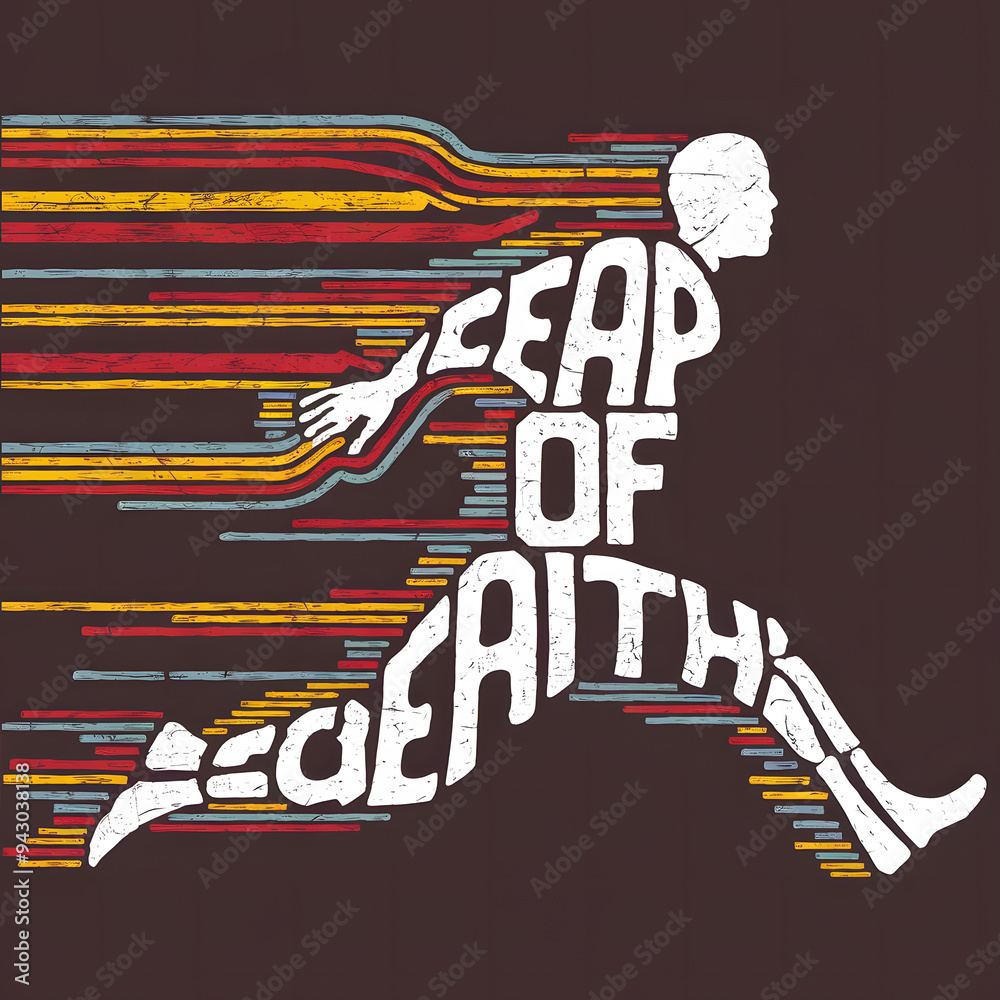 Naklejka premium Leap of Faith - Jumping Figure Shaped Text T-Shirt Design Symbolizing Courage and Determination.